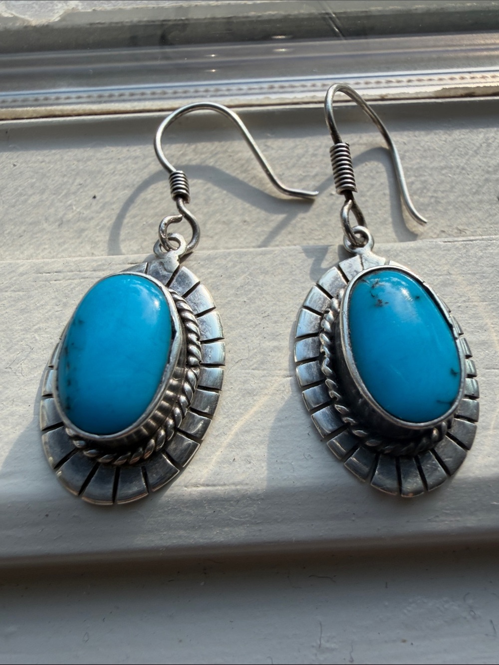 Genuine Turquoise Oval 925 Silver Drop Earrings